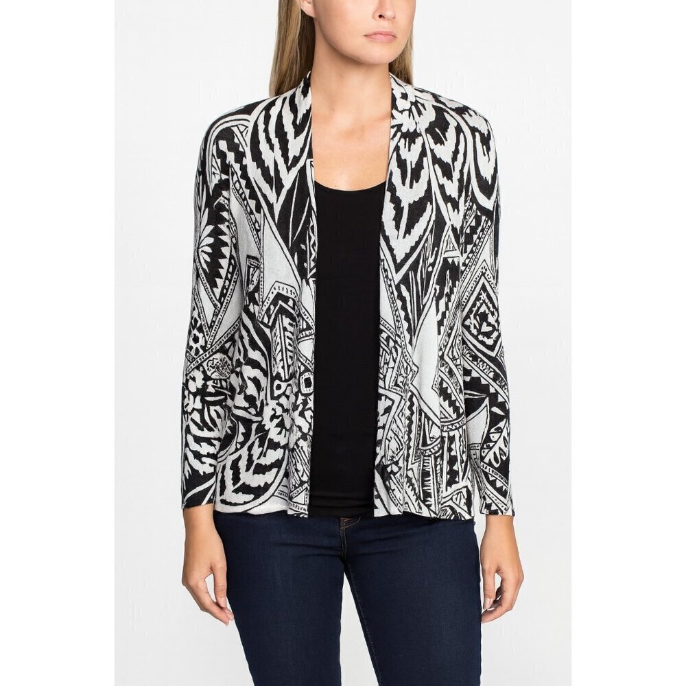 Chico's Black and White Geometric Print Ruched Sleeve Open Cardigan Sz 1